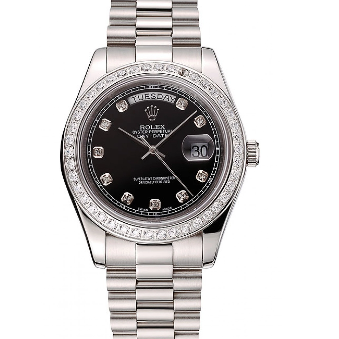 Diamond Case Day-Date Bracelet Diamond Swiss Stainless Rolex Numerals 1453965 Steel Black Dial 0607